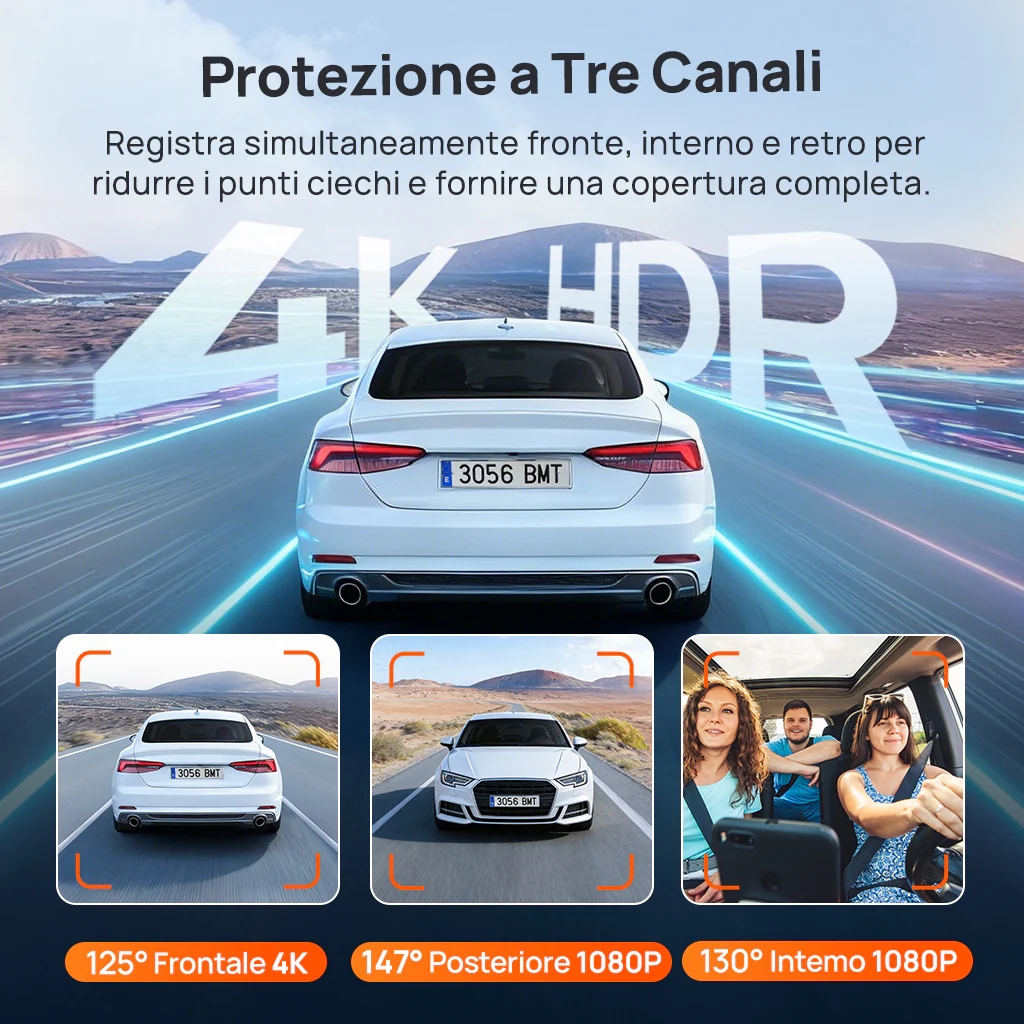 70mai Dash Cam 4K T800E, videocamera per auto a 3 canali (anteriore, interno, posteriore), 4K HDR, visione notturna, sorveglianza durante la sosta 24 ore su 24 e GPS - Image 3