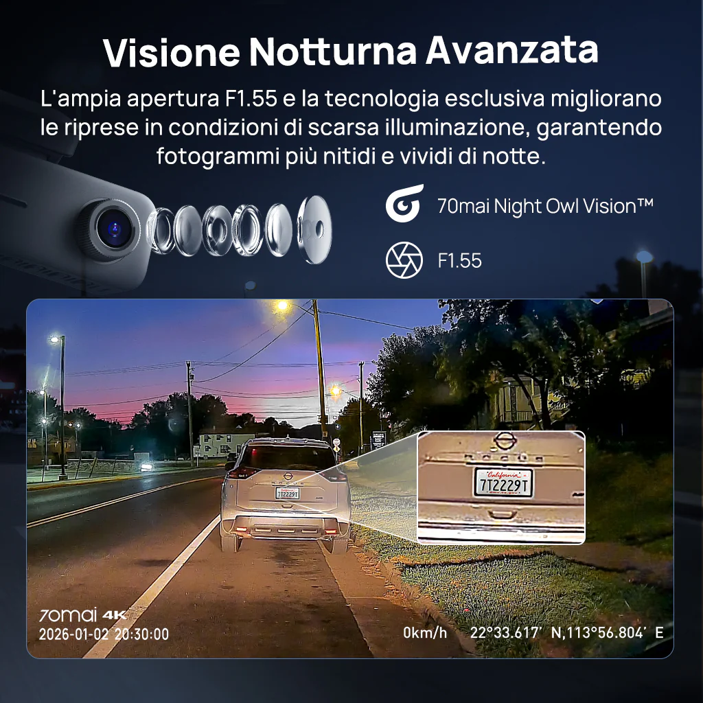 70mai Dash Cam 4K T800E, videocamera per auto a 3 canali (anteriore, interno, posteriore), 4K HDR, visione notturna, sorveglianza durante la sosta 24 ore su 24 e GPS - Image 4