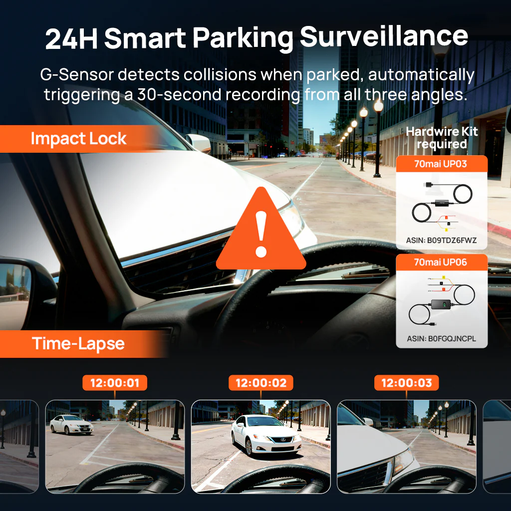 70mai Dash Cam 4K T800E, videocamera per auto a 3 canali (anteriore, interno, posteriore), 4K HDR, visione notturna, sorveglianza durante la sosta 24 ore su 24 e GPS - Image 5
